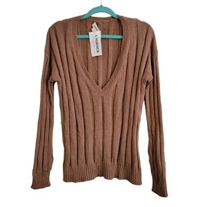 L'AGENCE Brown Ribbed V-Neck Sweater - Small